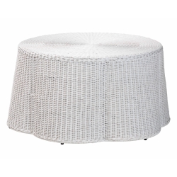 bali & pari Palm Scalloped Rattan Coffee Table - Handwoven Wicker Round Accent Table for Living Room Patio or Sunroom, Coastal Boho Style, White